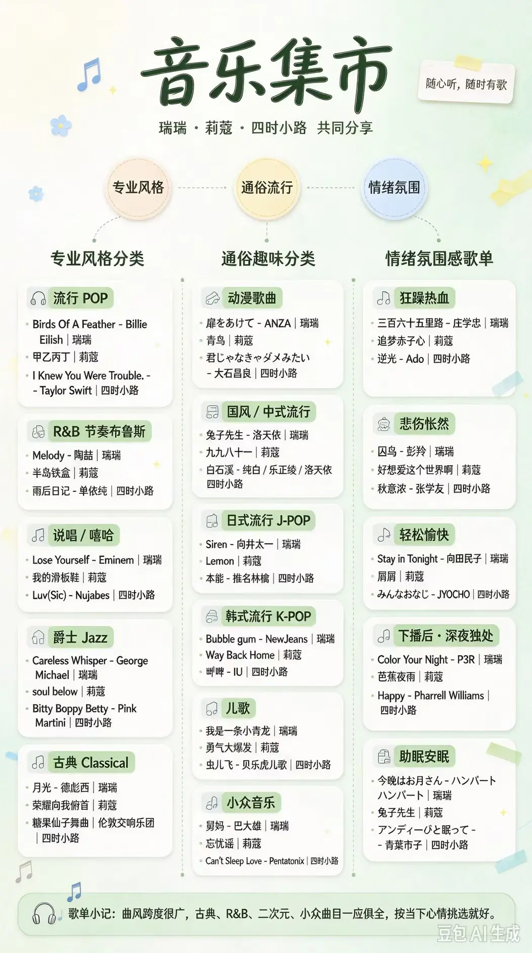 三位嘉宾的歌曲推荐表